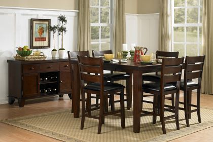 Contemporary Dining 7pc Set Counter Height Table w Self-Storing Extension Leaf and 6x Counter Height Chairs Dark Oak Finish Dining Room Furniture