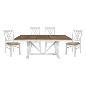 Modern Style White and Oak Finish 5pc Dining Set Table w Extension Leaf 4x Side Chairs Upholstered Seat Charming Traditional Dining Room Furniture