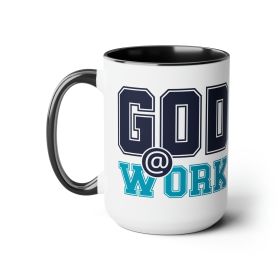 Accent Ceramic Coffee Mug 15oz - God @ Work Navy Blue And Blue Green Print