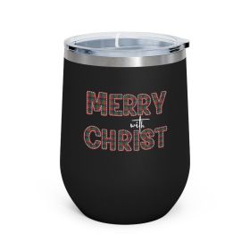 Insulated Tumbler - 12oz, Merry With Christ, Red And Green Plaid Christmas Holiday Pattern Print